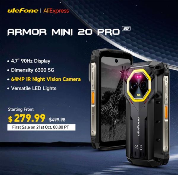 Защищённый смартфон Ulefone Armor Mini 20 Pro Series 5G поступает в продажу по всему миру за $279,99